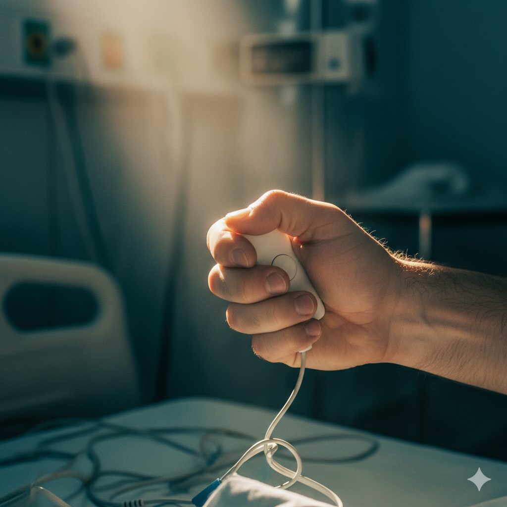 運命のボタン: 「ナースコールを押さなかったら、今はなかった」というあなたの言葉を象徴する、最も重要な瞬間を切り取ります。